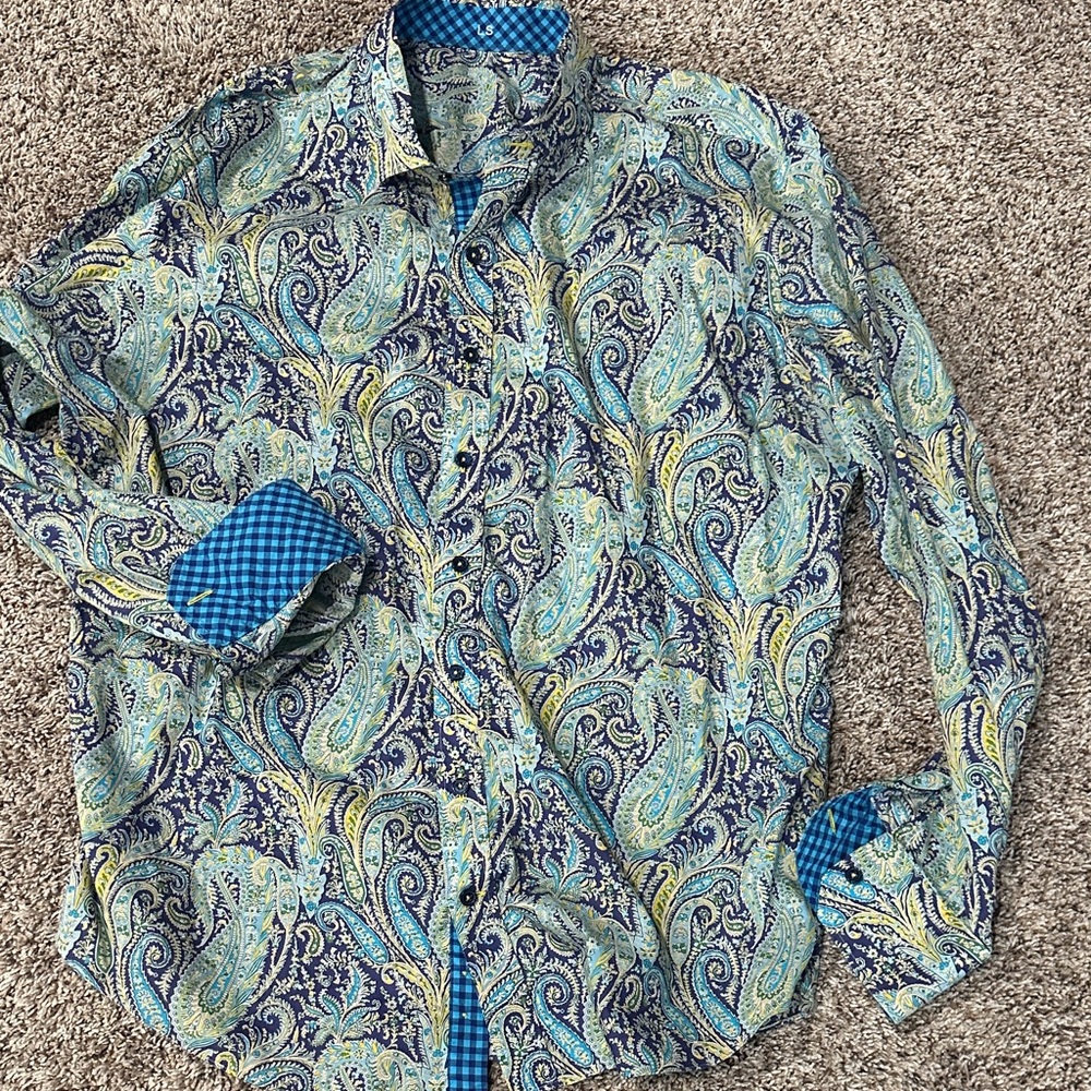 Men's Paisley Button-Down Shirt - Blue and Green Size XL